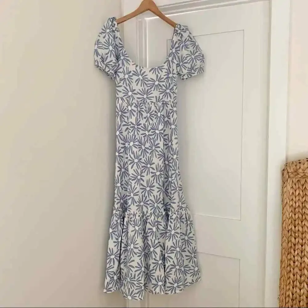 New $398 Ralph Lauren 100% Linen Long Floral Maxi Dress White Blue Size 2 - Picture 2 of 12